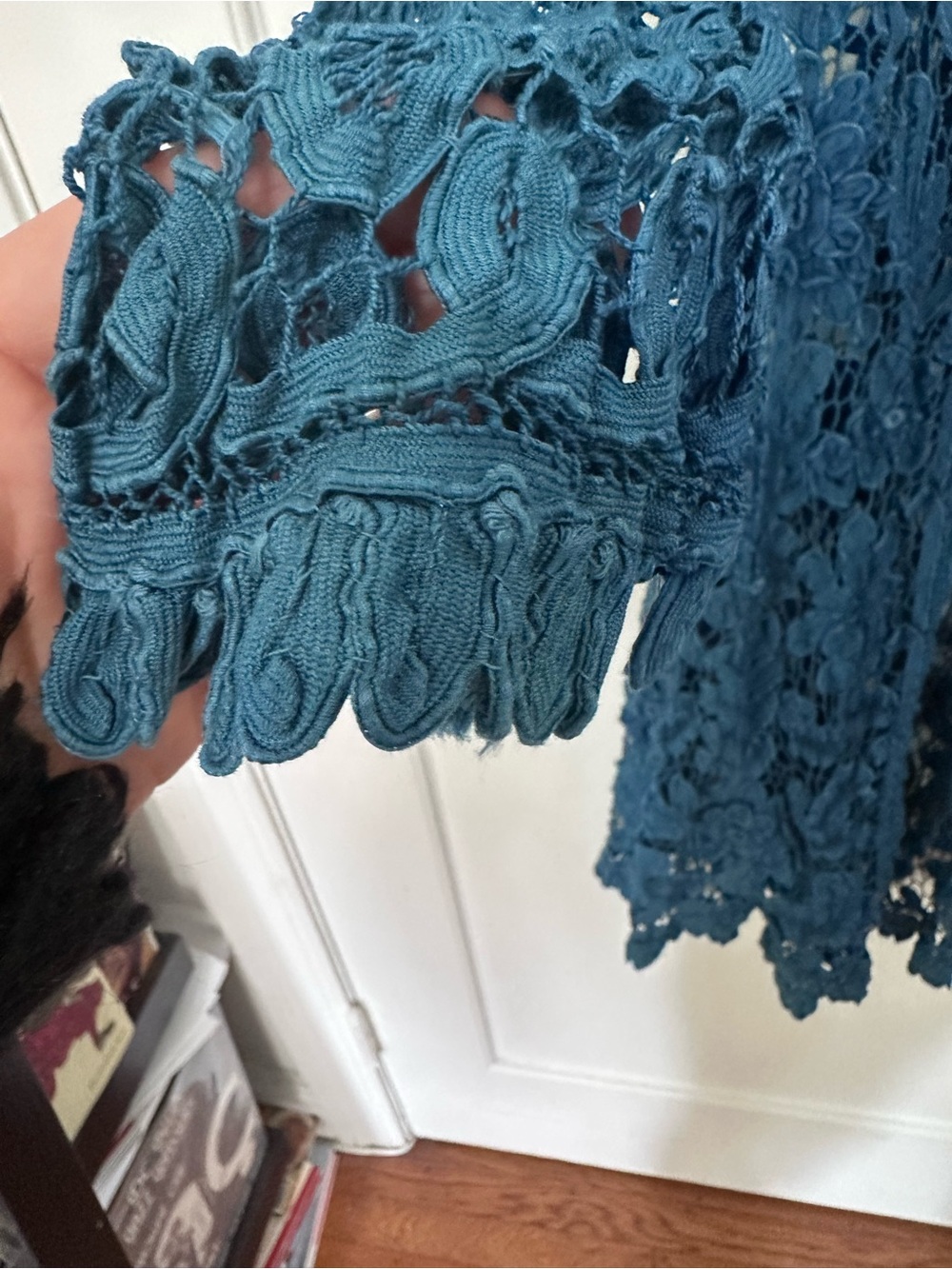 VINTAGE blue crochet/applique long open Cardigan long-sleeve -size S/M - Picture 8 of 12